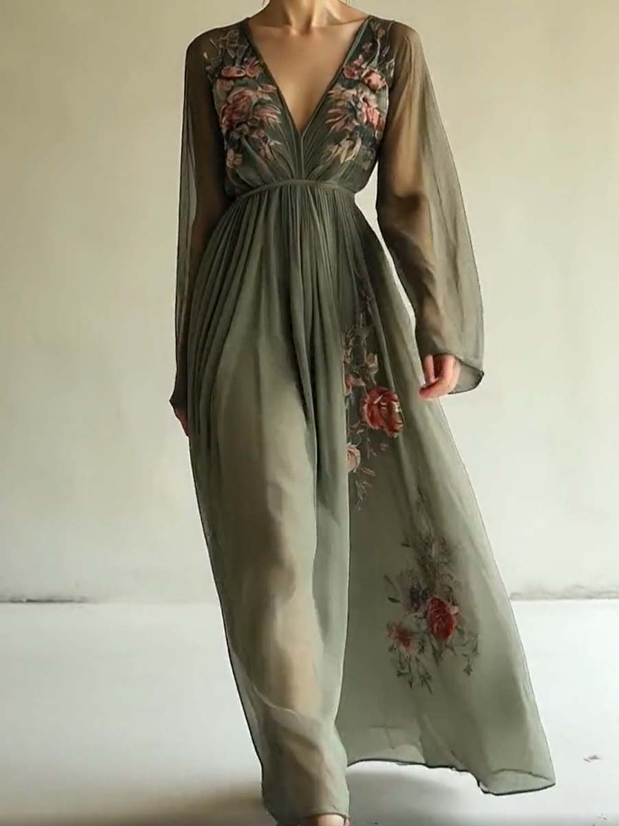Popular Floral Print V-Neck Maxi Dress