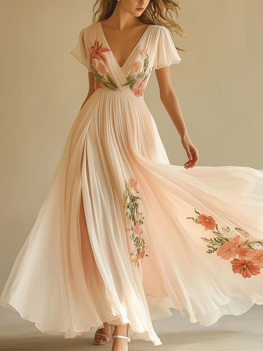 Elegant V-Neck Short Sleeve Maxi Dress