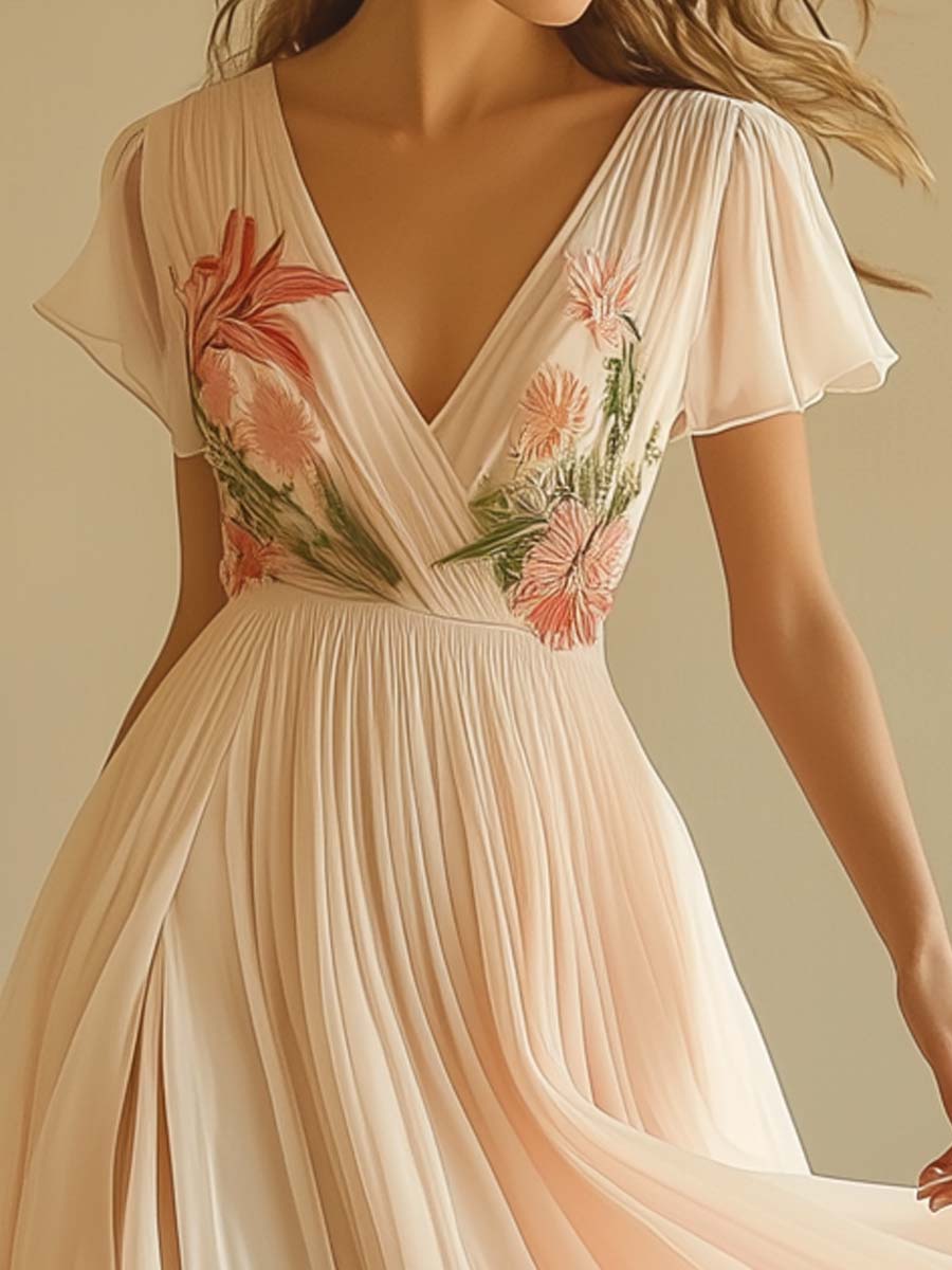 Elegant V-Neck Short Sleeve Maxi Dress