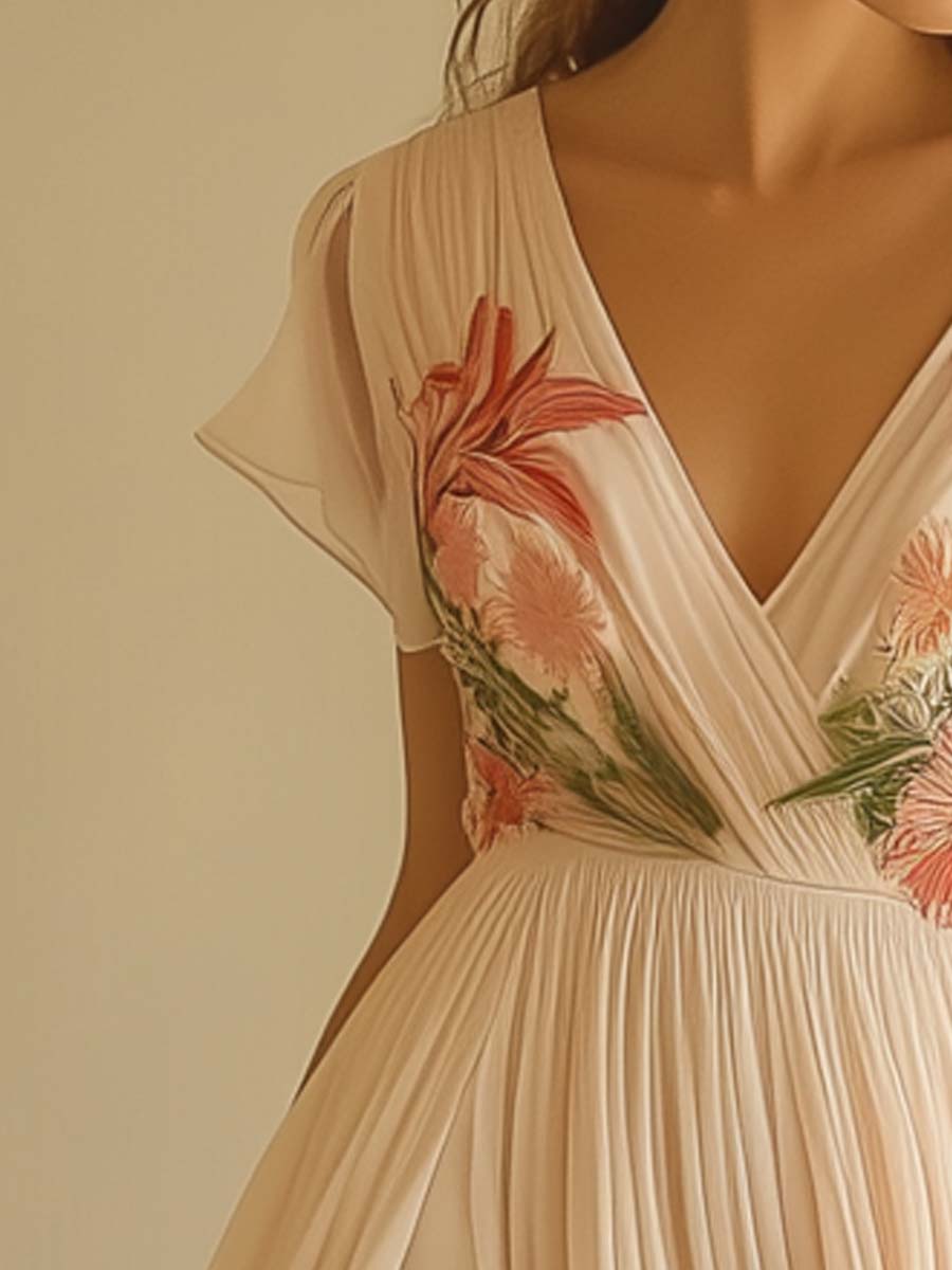 Elegant V-Neck Short Sleeve Maxi Dress