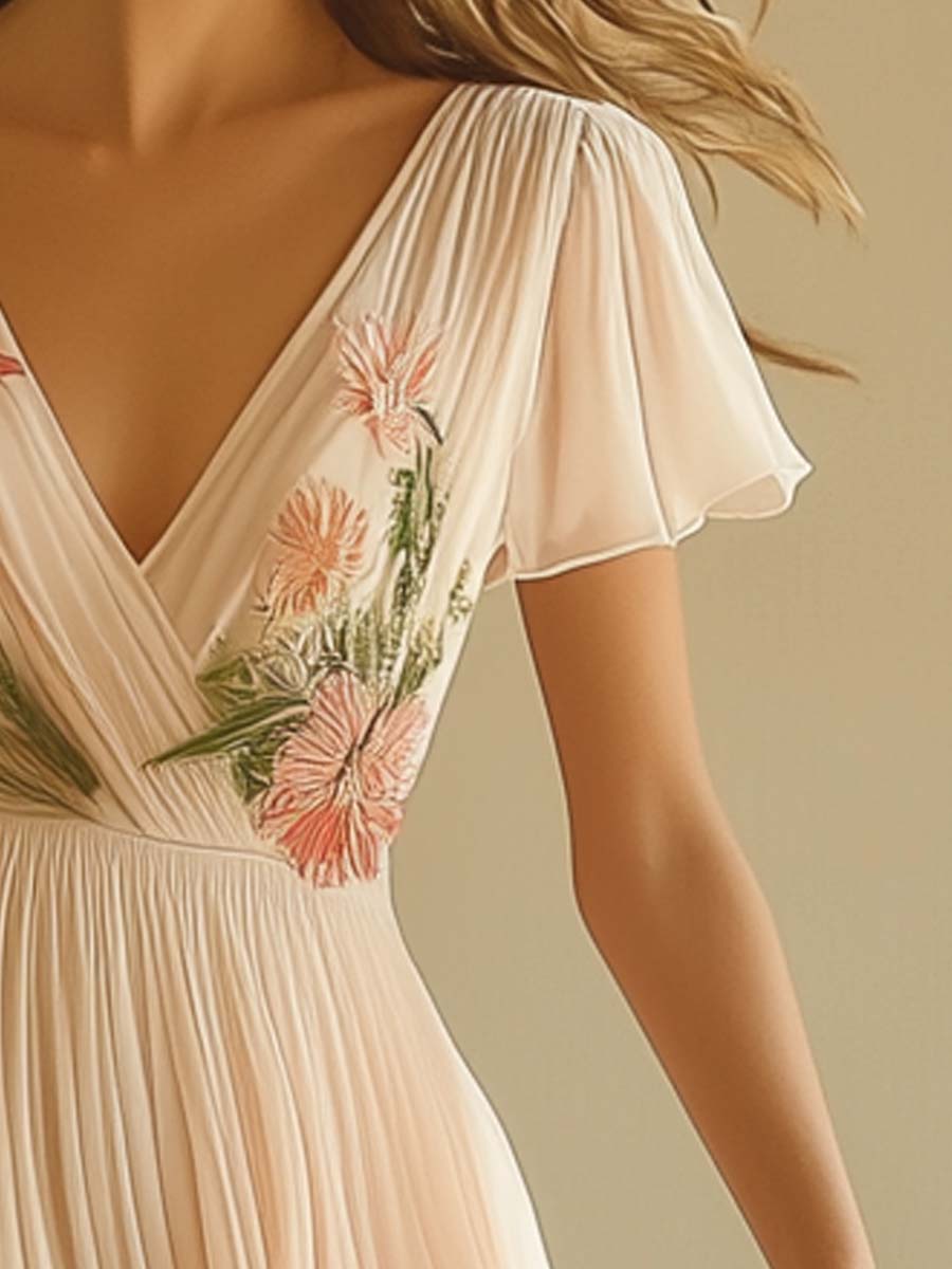 Elegant V-Neck Short Sleeve Maxi Dress