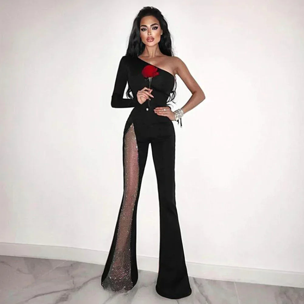 Schwarzer Ein-Schulter Asymmetrischer Strass-Bandagen-Jumpsuit