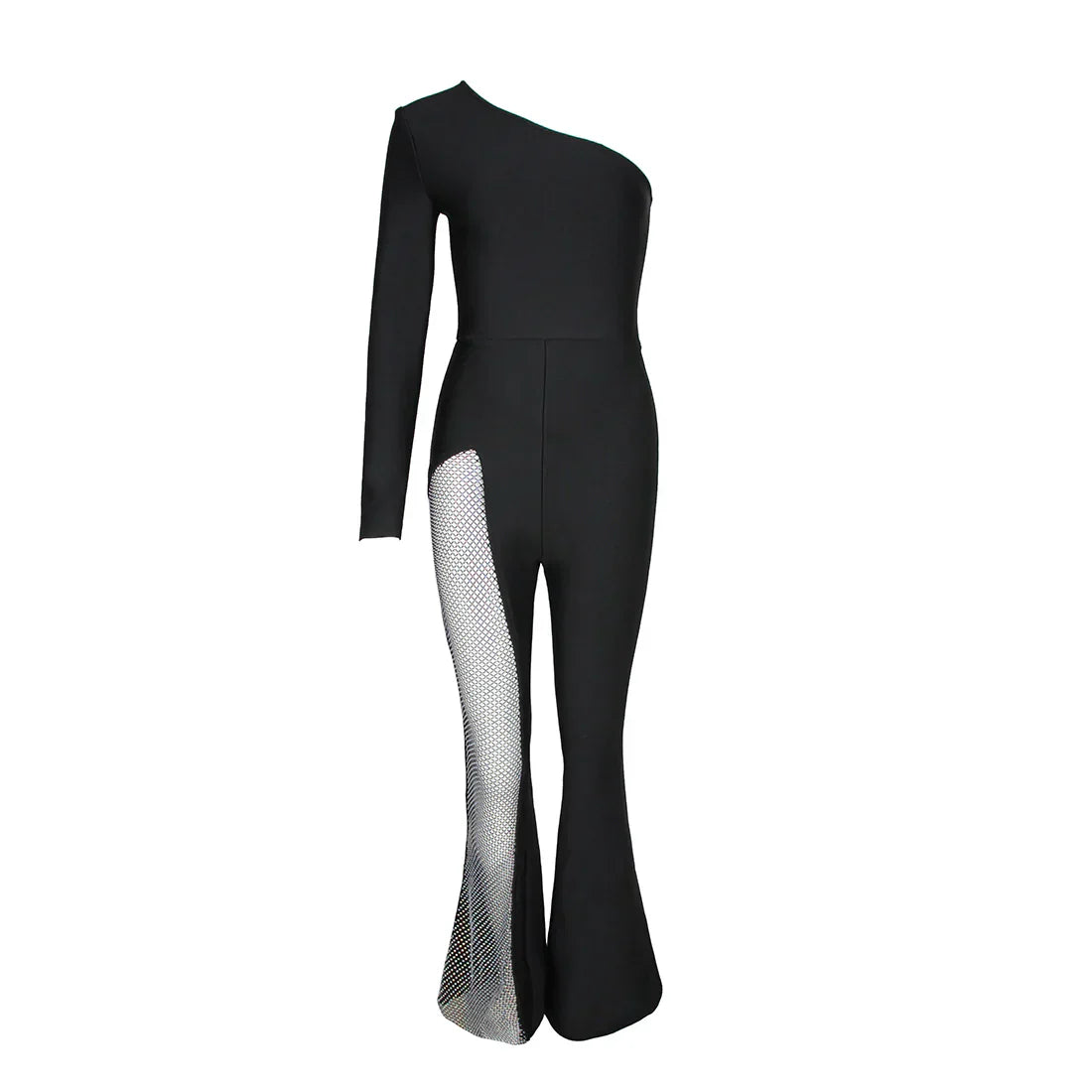 Schwarzer Ein-Schulter Asymmetrischer Strass-Bandagen-Jumpsuit