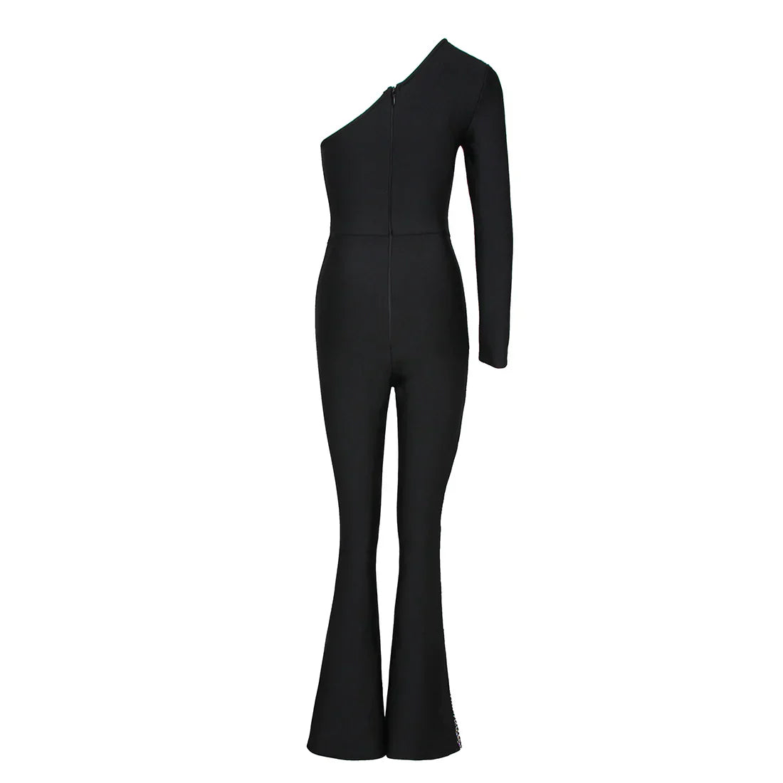 Schwarzer Ein-Schulter Asymmetrischer Strass-Bandagen-Jumpsuit