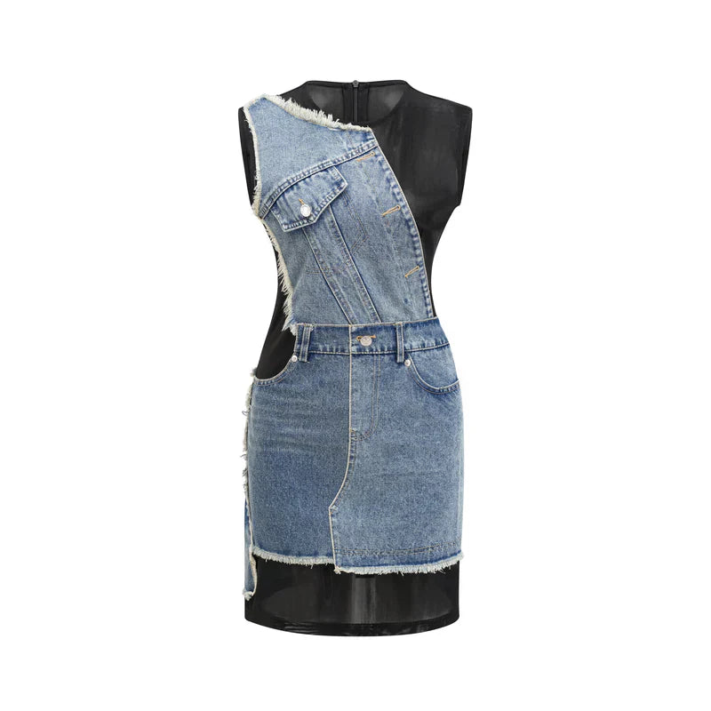 Lana- Denim Patchwork ärmelloses Kleid