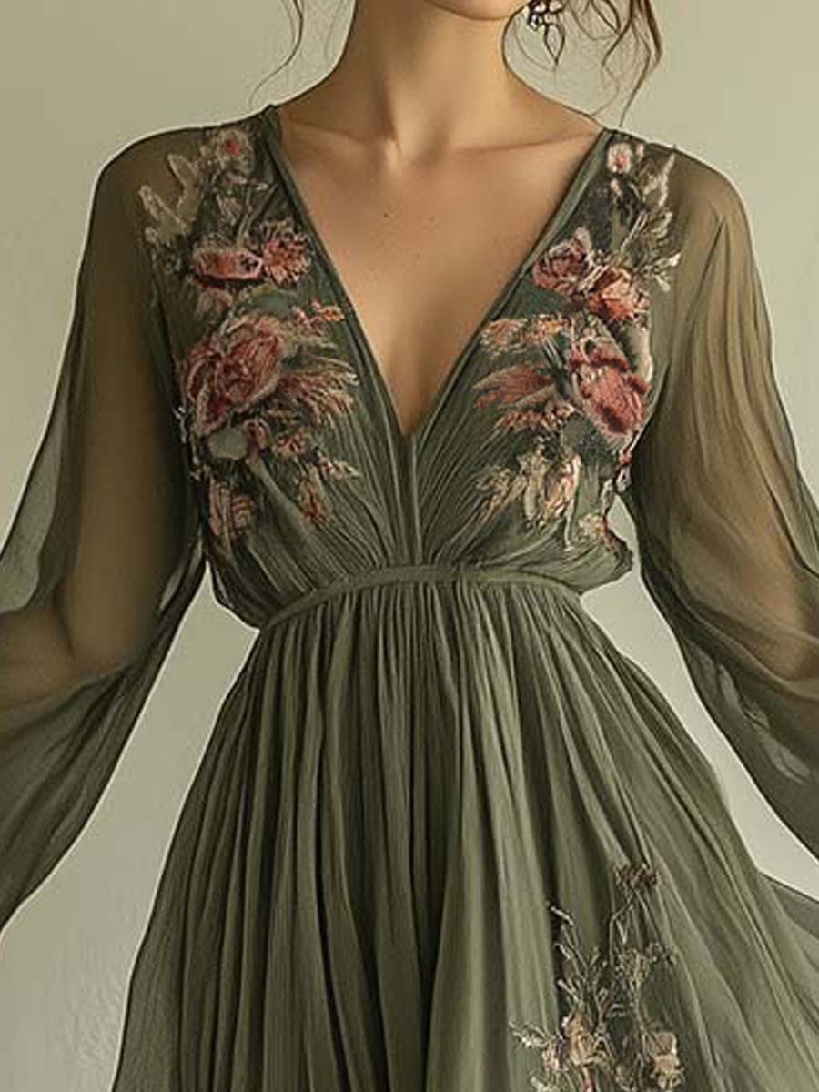 Popular Floral Print V-Neck Maxi Dress