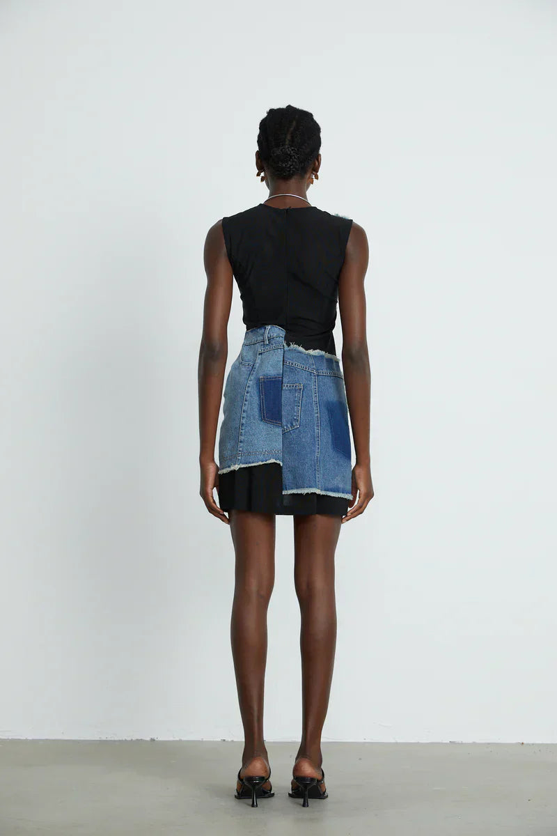 Lana- Denim Patchwork ärmelloses Kleid