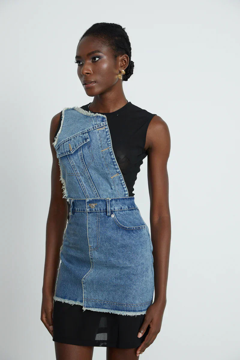Lana- Denim Patchwork ärmelloses Kleid