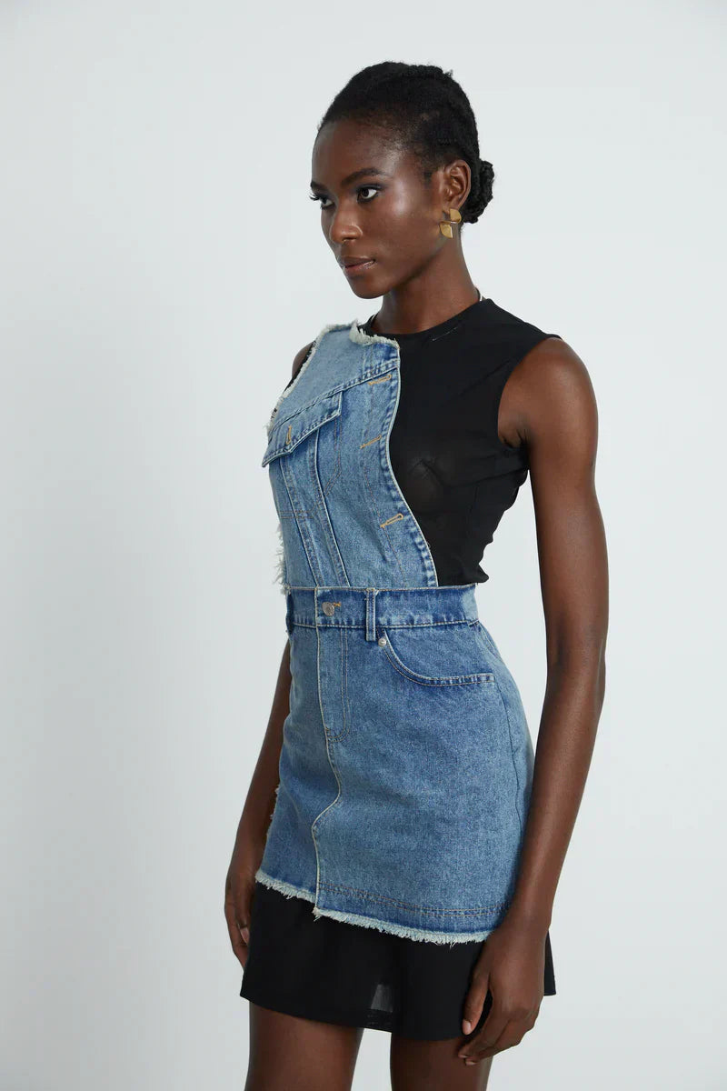 Lana- Denim Patchwork ärmelloses Kleid