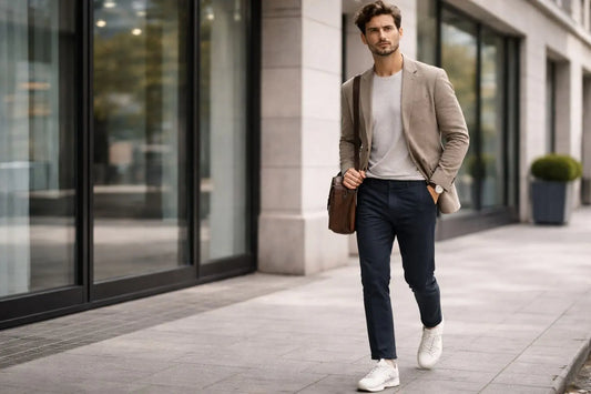 Stilvoll gekleideter Mann im Business Casual Look mit Sakko, Stoffhose und Lederschuhen in urbanem Büro-Umfeld – Beispiel für eleganten und entspannten Büro-Stil für Männer.