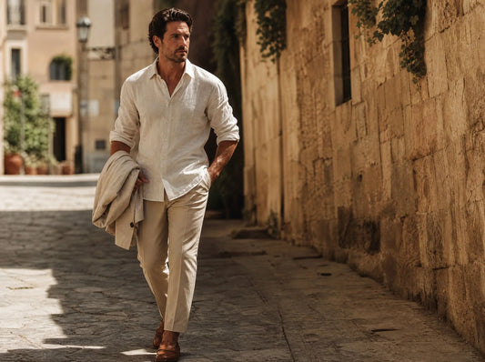 Mann in Ecru-Leinenhemd und heller Sandhose mit Cognac-Loafern geht durch eine sonnenbeschienene Gasse — elegantes Sommeroutfit für 30 Grad aus der Huberd Sommerkollektion