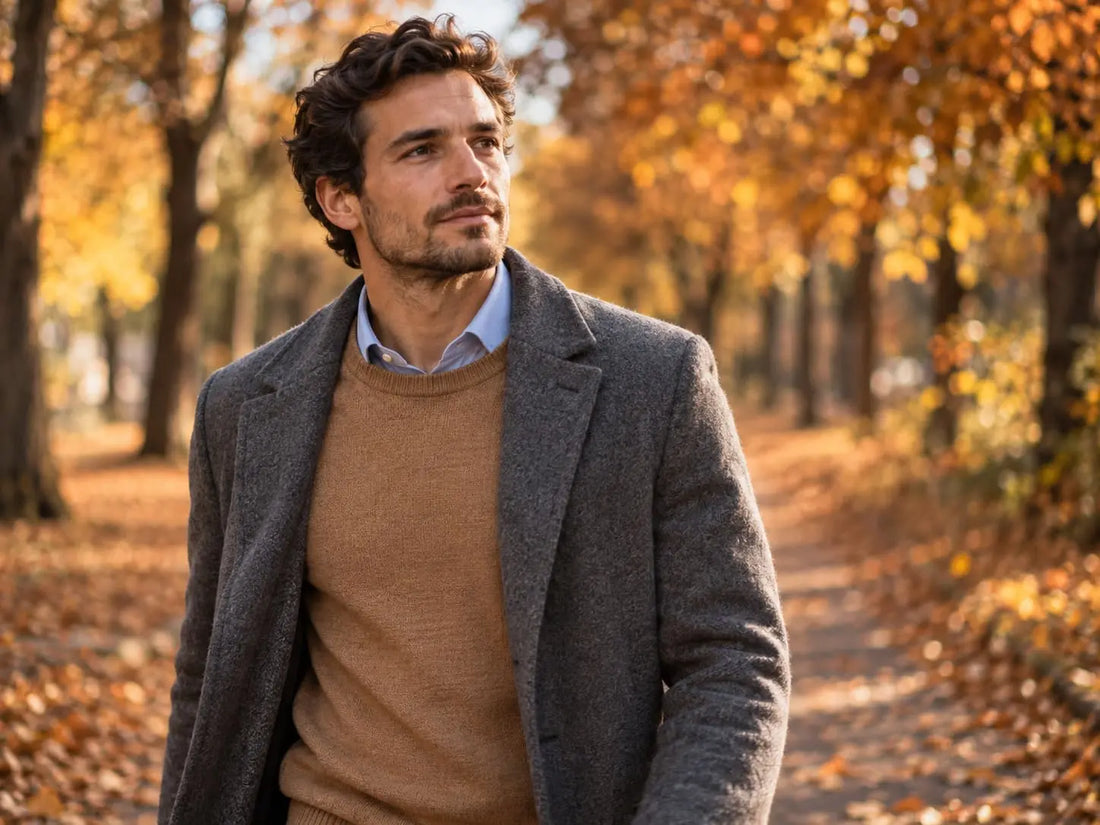 Mann in grauem Wollmantel über camelfarbenem Pullover und hellblauem Hemd auf einer herbstlichen Allee: Herbst-Outfit für Herren im Lagenlook aus der Huberd Herbstkollektion