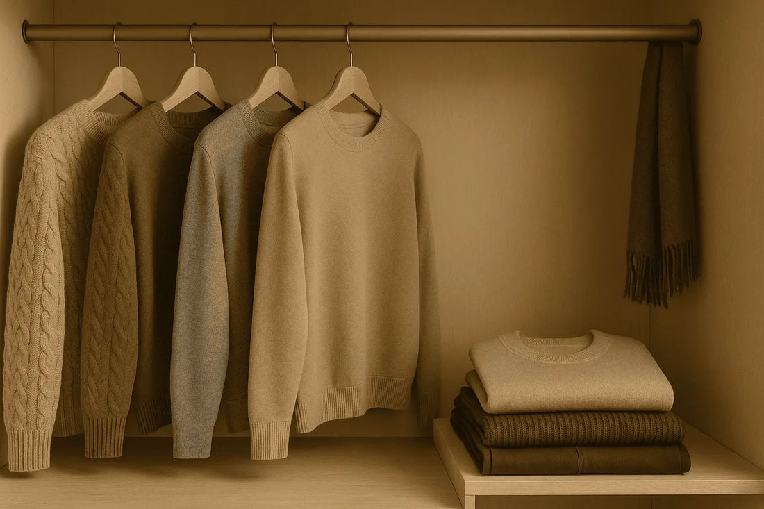Minimalistischer Kleiderschrank mit Wollpullover, Kaschmirpullover und Baumwollhose in herbstlichen Farben – Guide zu Herbststoffen