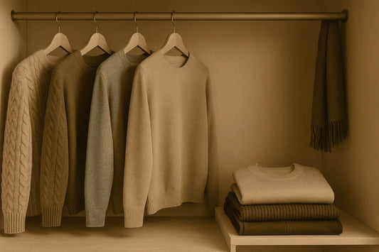 Minimalistischer Kleiderschrank mit Wollpullover, Kaschmirpullover und Baumwollhose in herbstlichen Farben – Guide zu Herbststoffen