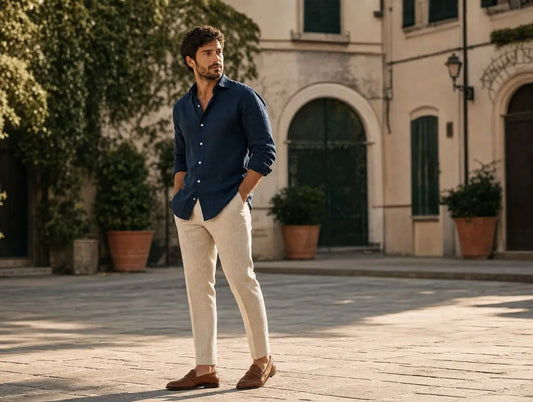 Mann in beiger Leinenhose, navy Leinenhemd und braunen Leder-Loafern auf einem mediterranen Platz – wie kombiniert man beige Hosen für Männer im Frühling, Huberd