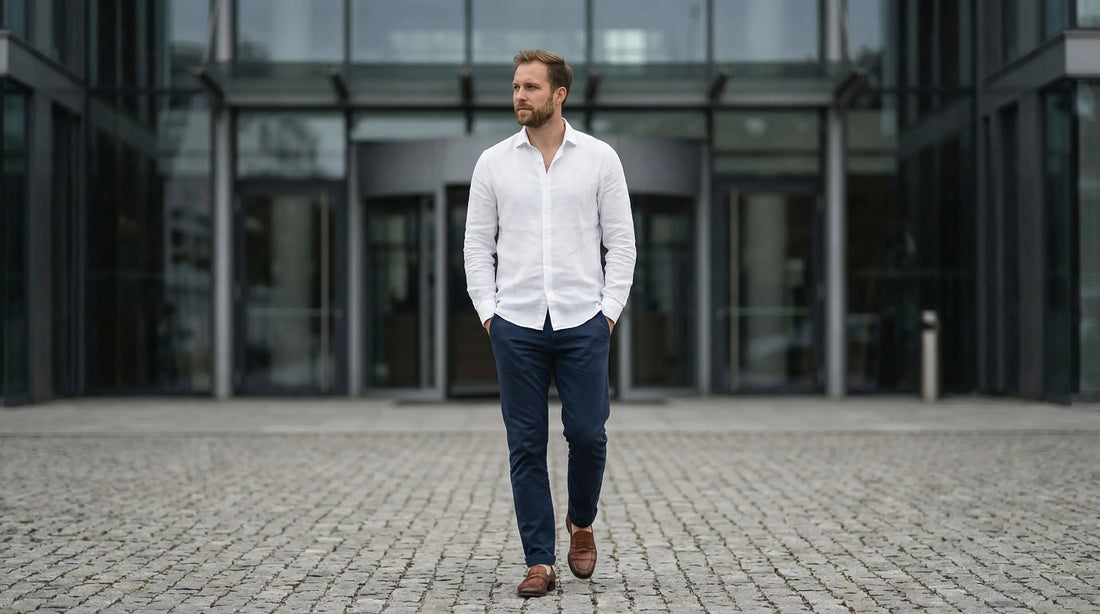 Mann in weißem Leinenhemd, Navy-Chino und braunen Leder-Loafern vor einem modernen Bürogebäude – Smart-Casual-Look für Männer im Büro ohne Krawatte, Huberd