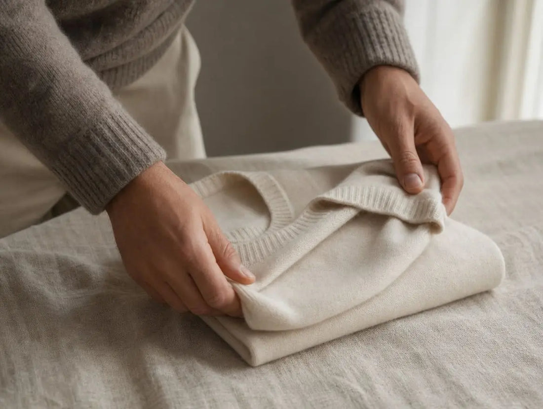 Männliche Hände falten sorgfältig einen cremefarbenen Kaschmirpullover auf einer Leinenoberfläche