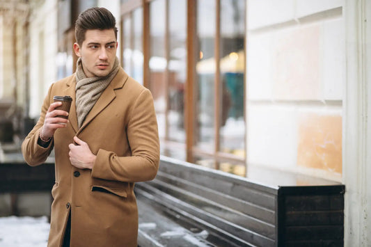 Ein Mann im beigen Mantel hält einen Kaffeebecher in der Hand – moderner Herbst-Look im minimalistischen Stil von Huberd.