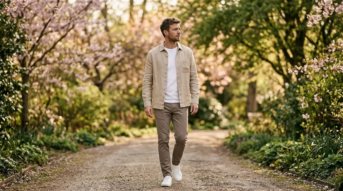 Mann in Sand-Leinenhemd, weißem T-Shirt, Taupe-Chino und weißen Leder-Sneakern auf einem Parkweg im Frühling – die wichtigsten Kleidungsstücke für Männer 2026, Huberd