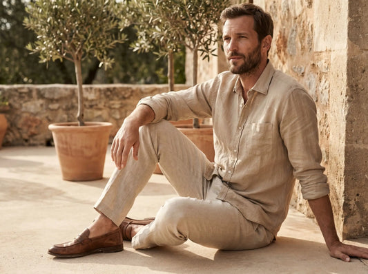 Mann in beigem Leinenhemd und beiger Leinenhose mit braunen Leder-Loafern auf einer mediterranen Terrasse – wie pflegt man Leinenkleidung richtig, Huberd