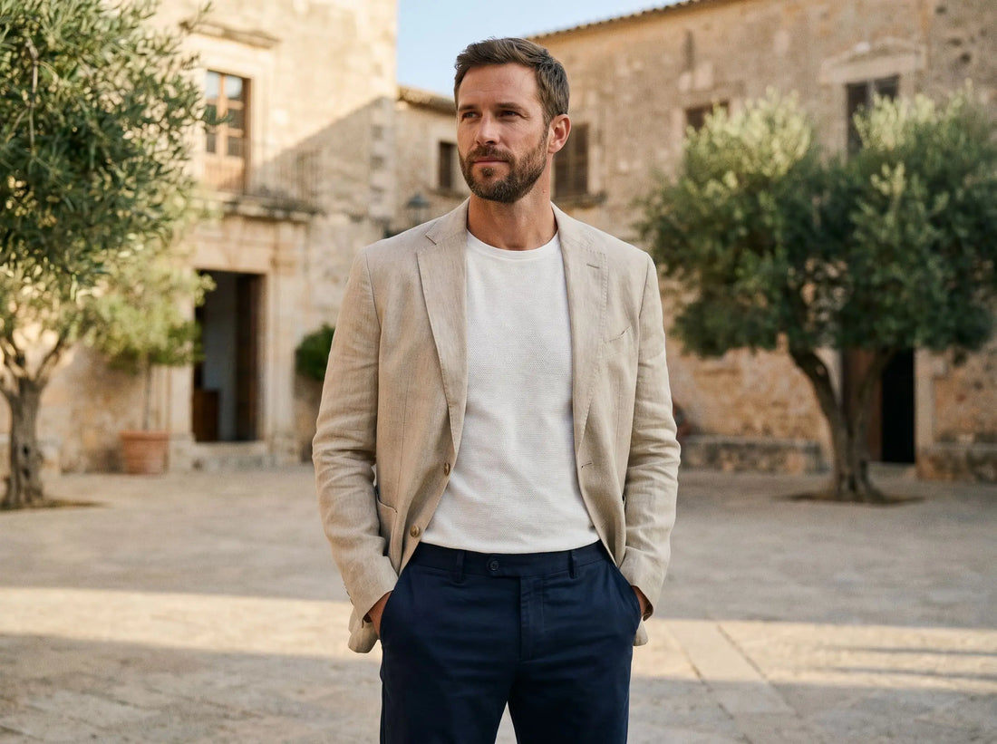 Mann in beiger Leinenjacke, weißem T-Shirt und Navy-Chino auf einem mediterranen Platz – wie trägt man eine Leinenjacke im Sommer, Huberd