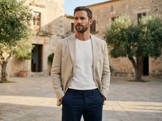 Mann in beiger Leinenjacke, weißem T-Shirt und Navy-Chino auf einem mediterranen Platz – wie trägt man eine Leinenjacke im Sommer, Huberd