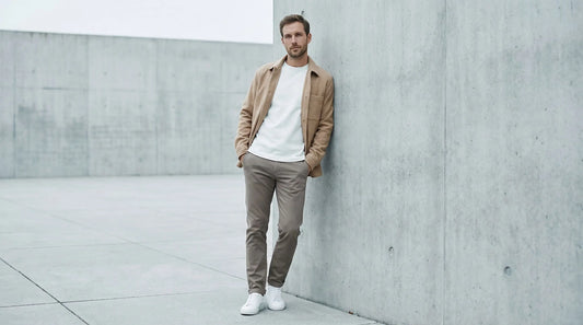 Mann in Camel-Overshirt, weißem T-Shirt, Taupe-Chino und weißen Leder-Sneakern vor einer Betonwand – minimalistischer Männergarderobe für den Frühling, Huberd
