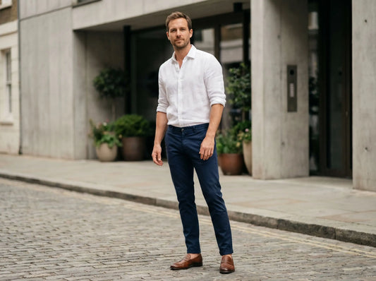 Mann in weißem Leinenhemd, Navy-Chino und braunen Leder-Loafern – alle Kombinationen mit weißem Hemd für Männer, Huberd