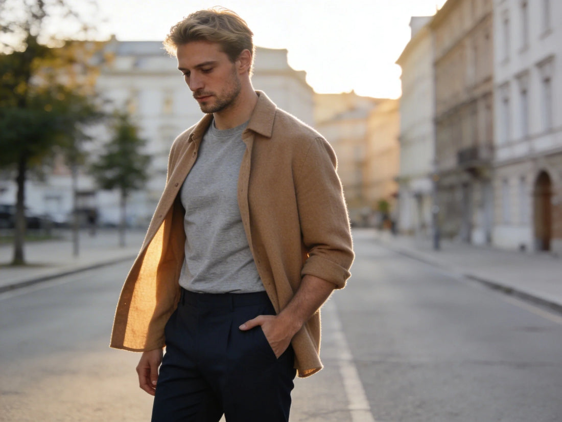 Mann in Camel-Overshirt und grauem T-Shirt auf einer ruhigen Stadtstraße – zeitloser Männerstil ohne Trends, Huberd