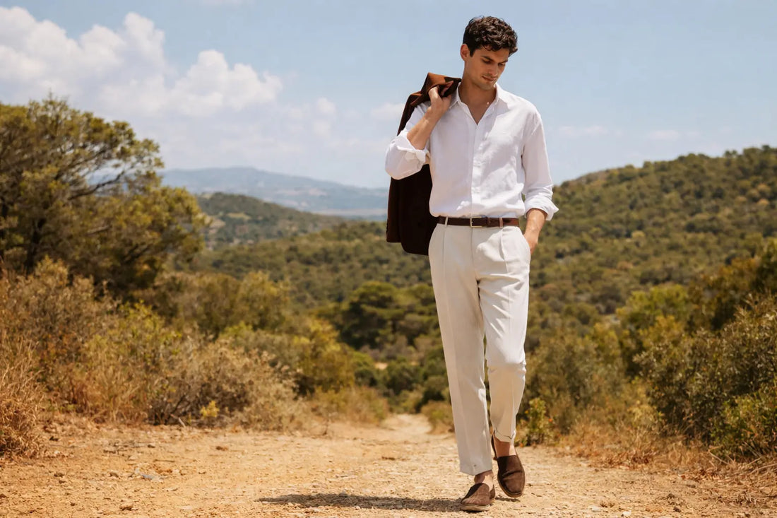Junger Mann mit weißem Hemd und beigefarbener Stoffhose in sommerlicher Naturkulisse – minimalistisches, elegantes Outfit im Old-Money-Stil.