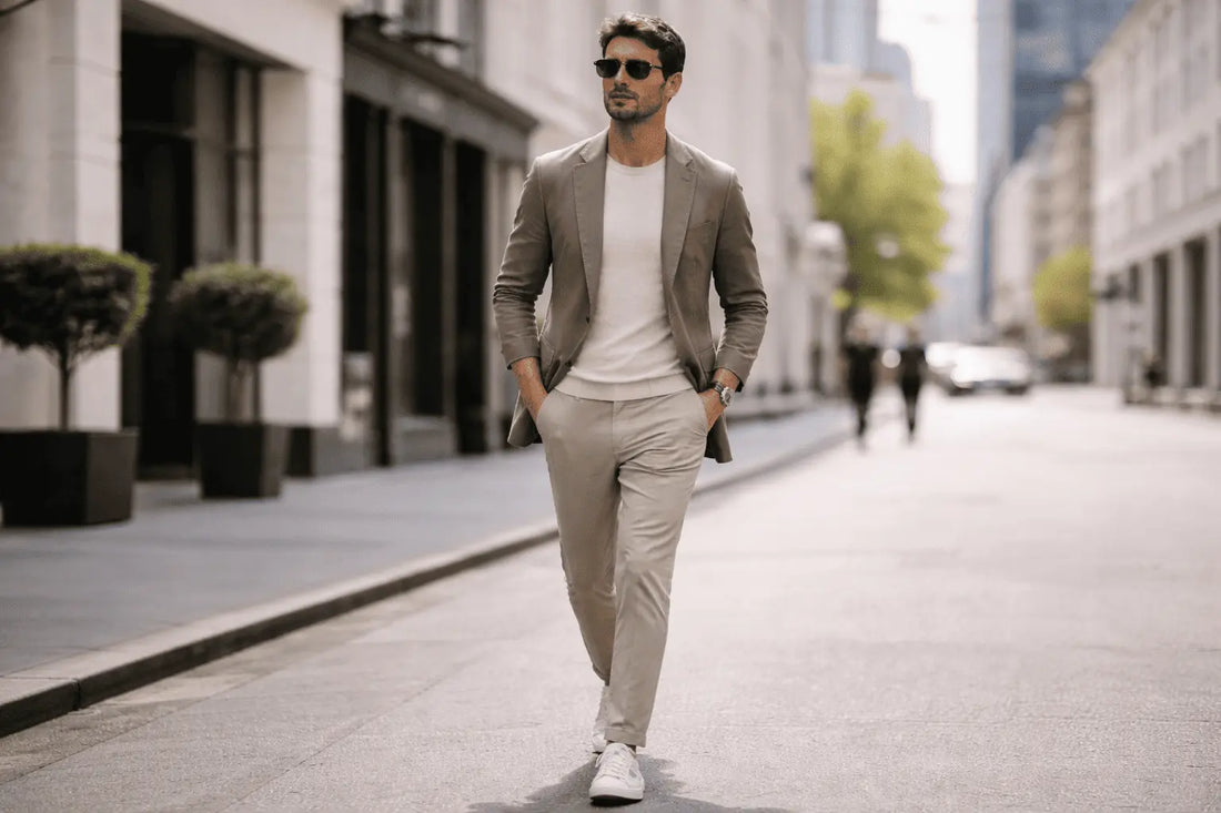 Mann geht durch die Stadt in einem neutralen, schlanken Monochrom-Outfit – stilvoll und figurschmeichelnd.