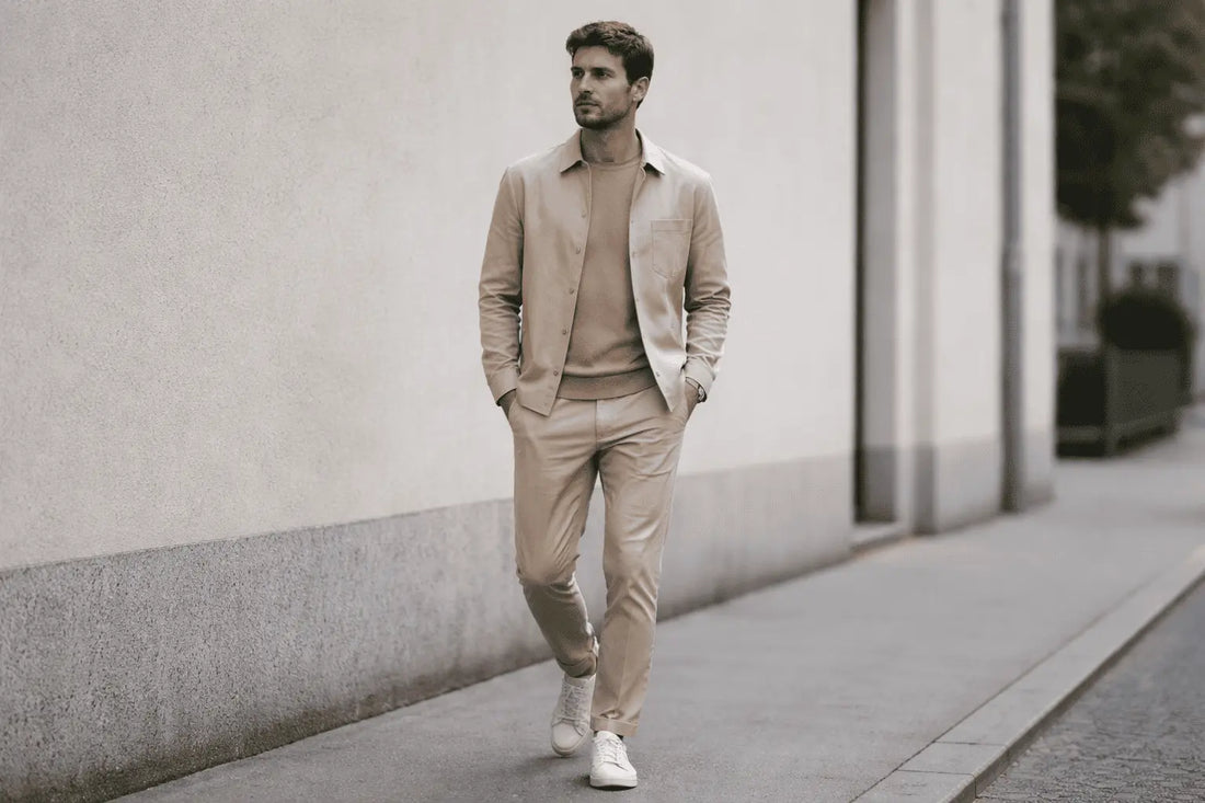 Mann mit monochromem beigen Outfit, der entspannt eine städtische Straße entlangläuft, vor einer neutralen Wand.
