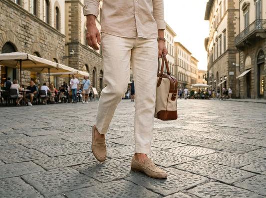 Elegante Sommerschuhe für Herren kombiniert mit heller Sommerkleidung in einer europäischen Altstadt an einem warmen Sommertag