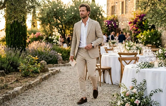 Elegant gekleideter Mann mit Leinenhemd, sandfarbenem Sakko und Wildleder-Loafern auf dem Weg zu einer Sommerhochzeit in einer mediterranen Villa.