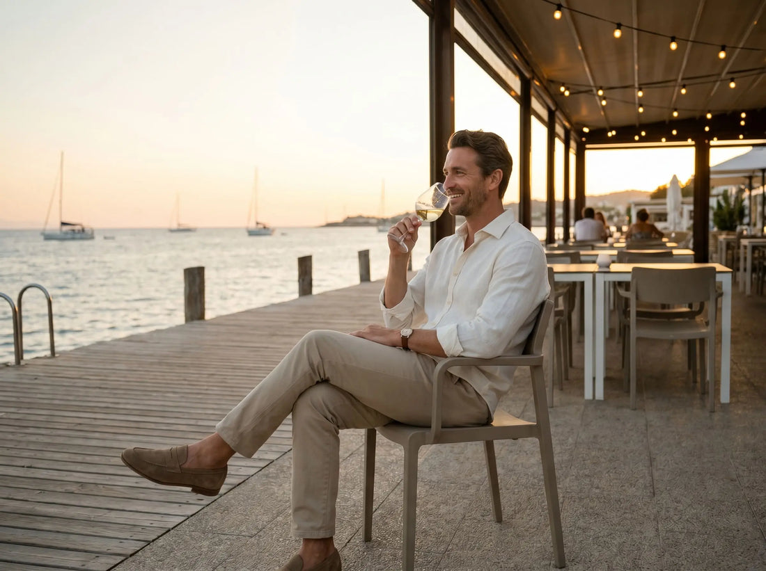 Eleganter Mann in heller Sommerkleidung bei einem Abendessen am Meer – stilvoll gekleidet für warme Sommerabende mit Huberd Inspiration.