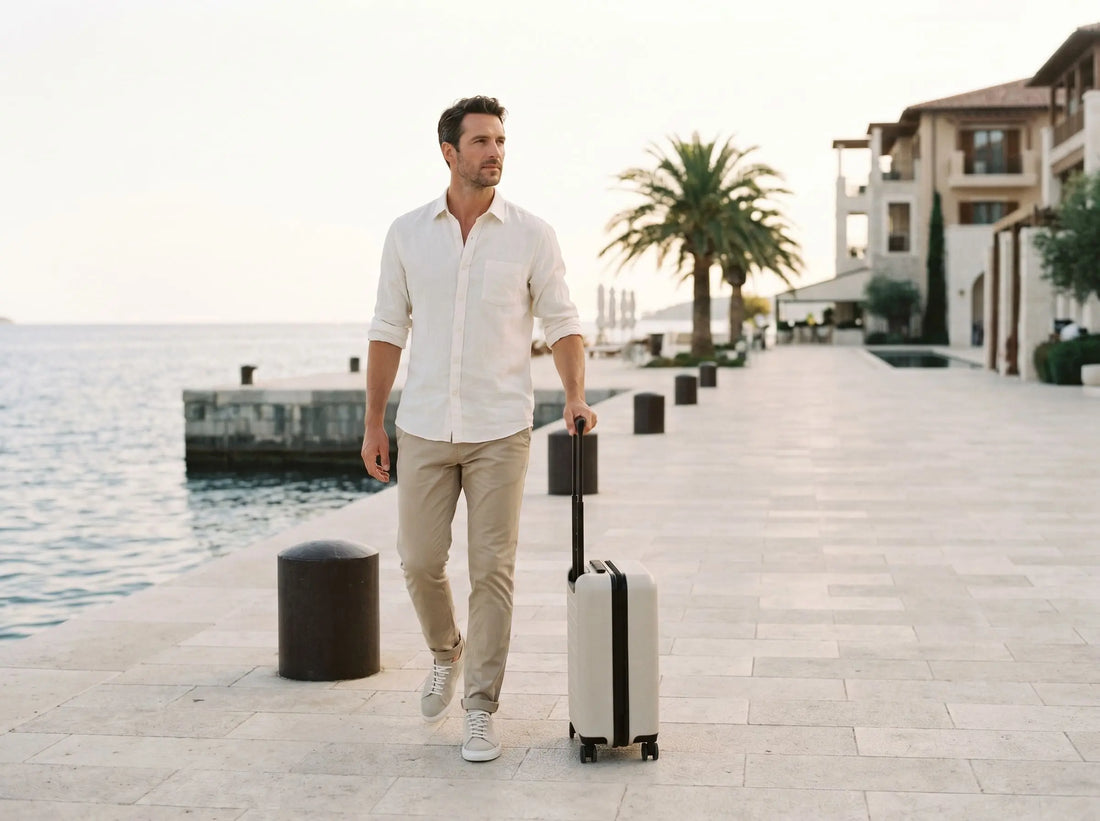 Eleganter Mann mit Handgepäck auf der Promenade eines mediterranen Resorts – stilvoll reisen und leicht packen im Sommer.