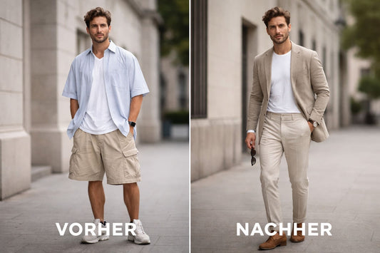 Vergleichsbild eines Mannes vor und nach der stilistischen Verbesserung: Links lässiger, unförmiger Look mit Shorts, rechts eleganter, gut sitzender Anzug im Old-Money-Stil.