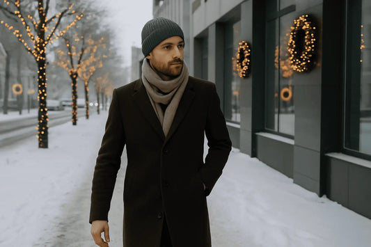Mann in der Stadt mit elegantem Winterlook während der Weihnachtszeit