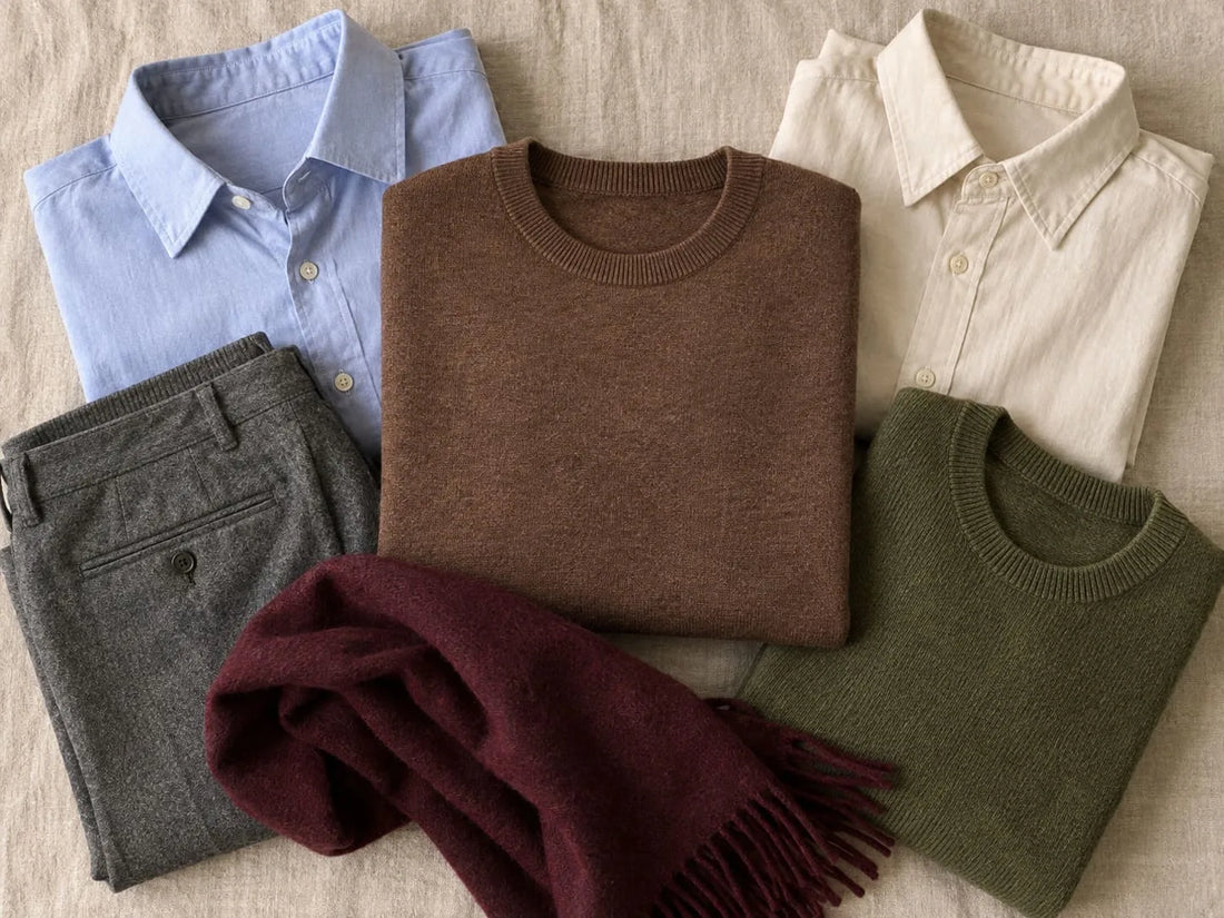Brauner Strickpullover umgeben von hellblauem Hemd, ecrufarbenem Hemd, grauer Wollhose, olivgrünem Pullover und Bordeaux-Schal: Farben, die zu Braun passen, aus der Huberd Herbstkollektion