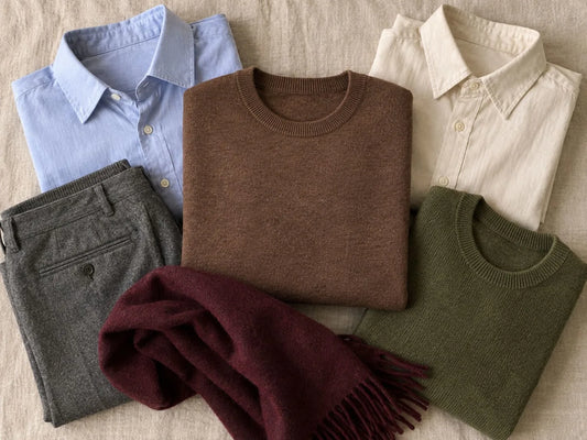 Brauner Strickpullover umgeben von hellblauem Hemd, ecrufarbenem Hemd, grauer Wollhose, olivgrünem Pullover und Bordeaux-Schal: Farben, die zu Braun passen, aus der Huberd Herbstkollektion