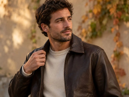 Mann in dunkelbrauner Lederjacke über ecrufarbenem Strickpullover vor einer Wand mit Herbstlaub: Beispiel für eine vielseitige Herbstjacke aus der Huberd Herbstkollektion