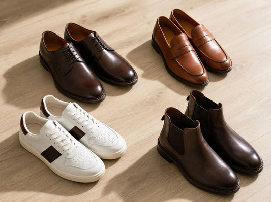 Vier Paar Herrenschuhe für den Herbst nebeneinander: Oxford, Loafer, Ledersneaker und Chelsea Boots aus der Huberd Herbstkollektion
