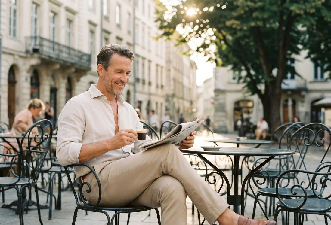Eleganter Mann in leichter Sommerkleidung sitzt in einem Straßencafé und zeigt ein stilvolles Herrenoutfit für heiße Sommertage.