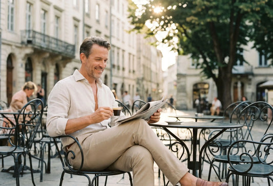 Eleganter Mann in leichter Sommerkleidung sitzt in einem Straßencafé und zeigt ein stilvolles Herrenoutfit für heiße Sommertage.