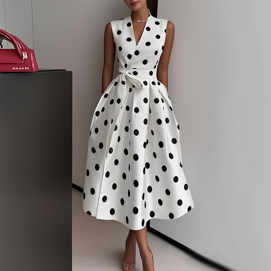 Stylish Polka Dot Sleeveless Midi Dress