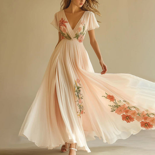 Elegant V-Neck Short Sleeve Maxi Dress
