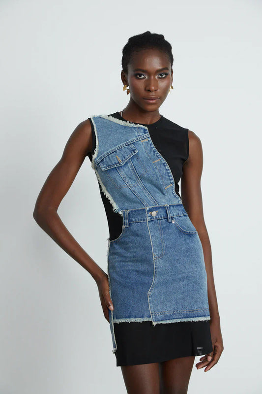 Lana- Denim Patchwork ärmelloses Kleid