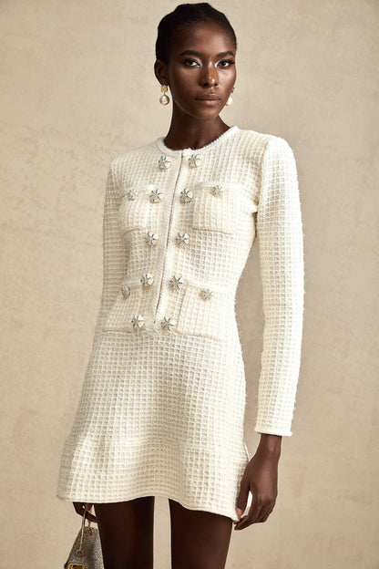 Liane weiße gestrickte ausgestellte Minikleid