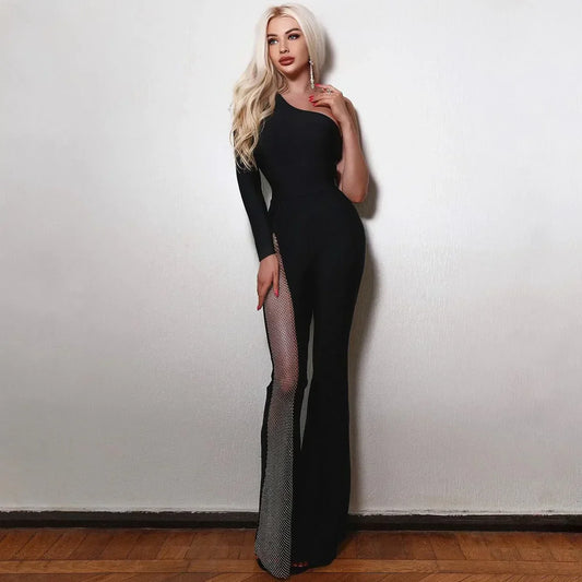 Schwarzer Ein-Schulter Asymmetrischer Strass-Bandagen-Jumpsuit