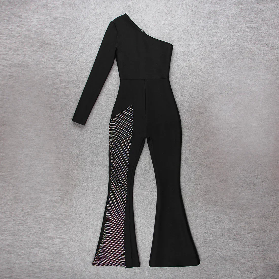 Schwarzer Ein-Schulter Asymmetrischer Strass-Bandagen-Jumpsuit